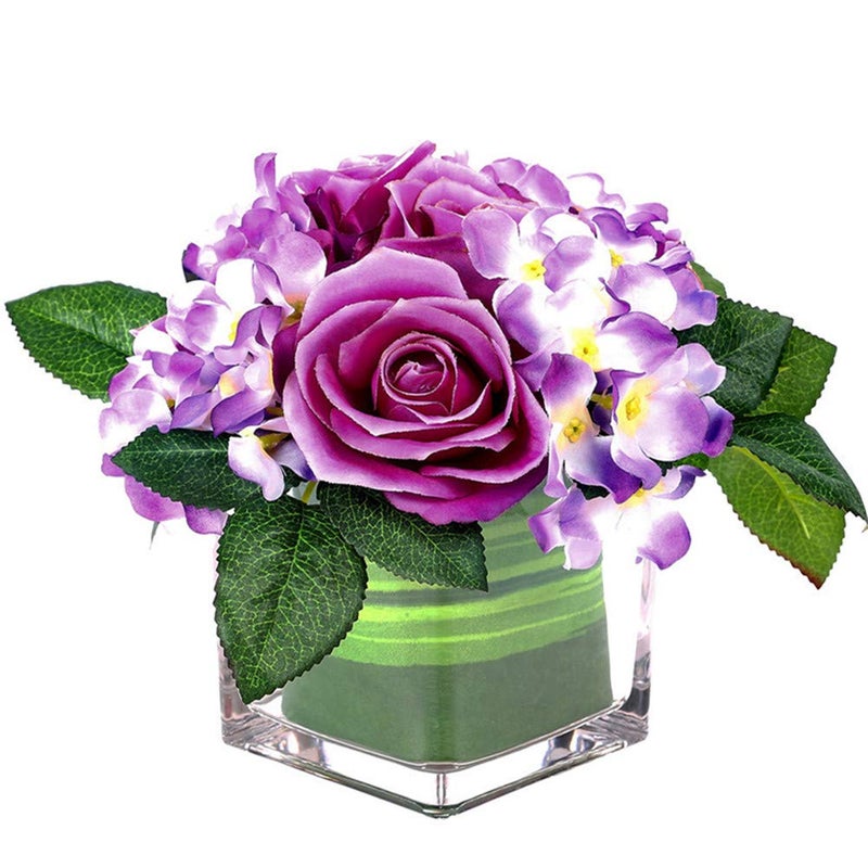 Fule Artificial Silk Rose Flower Centerpiece Arrangement in vase for Home Wedding Decoration (Light Purple) - Image 1